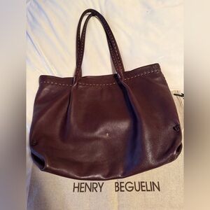 Henry Beguelin Cuir Stitch, Embroidered Leather Tote Bag, Carryall, Iconic Logo